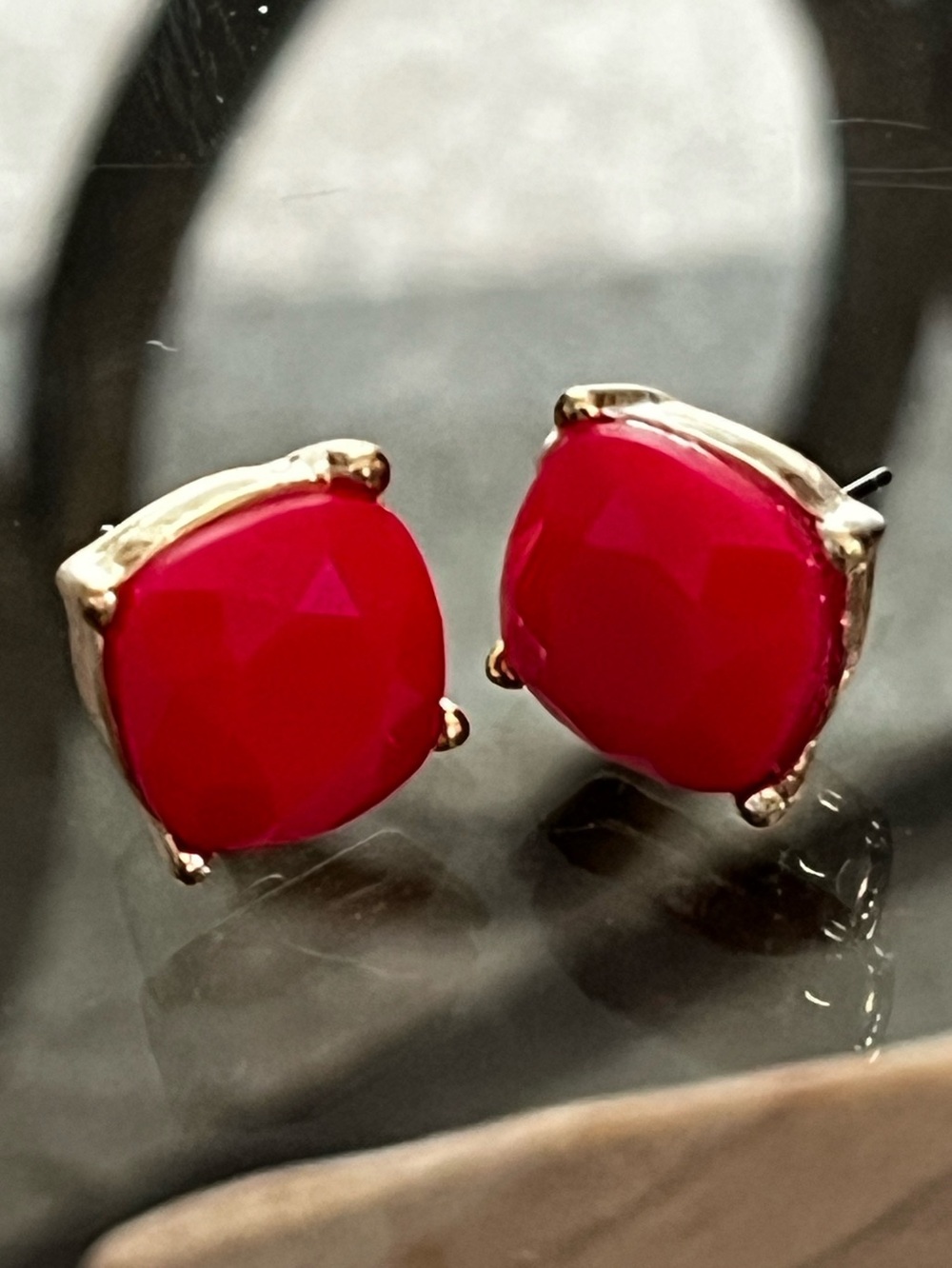 Chunky Cherry Red Gold-Set Red Faceted Cushion Stud Earrings